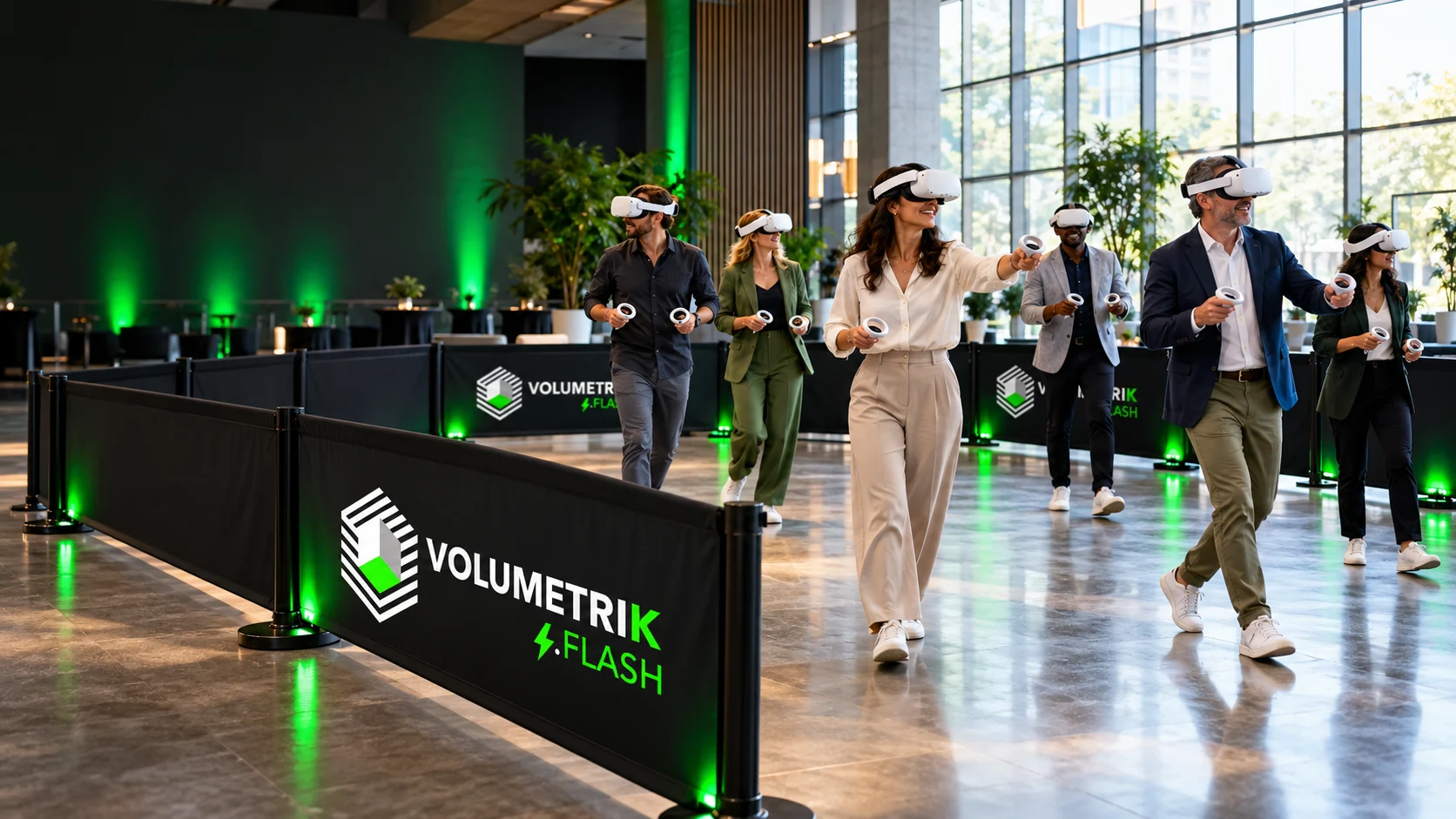 Equipo de profesionales participando en una arena VR móvil con la identidad de Volumetrik Flash